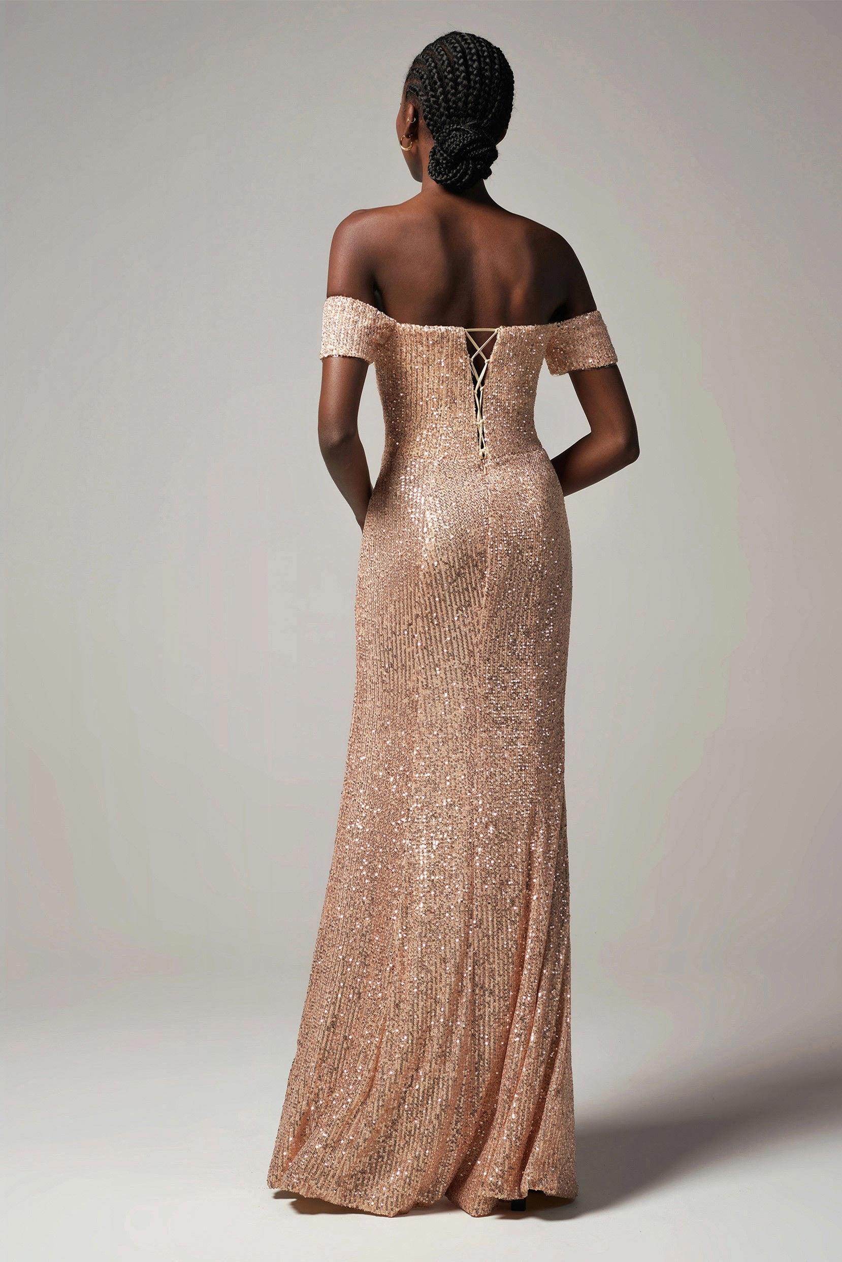 Radiant Sheath-Column Sweetheart Off-Shoulder Sequin Slit Evening Dress