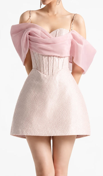Blush pink off shoulder mini cocktail Dress with oversized bow drape, beaded spaghetti straps, structured corset bodice, and A-line short skirt