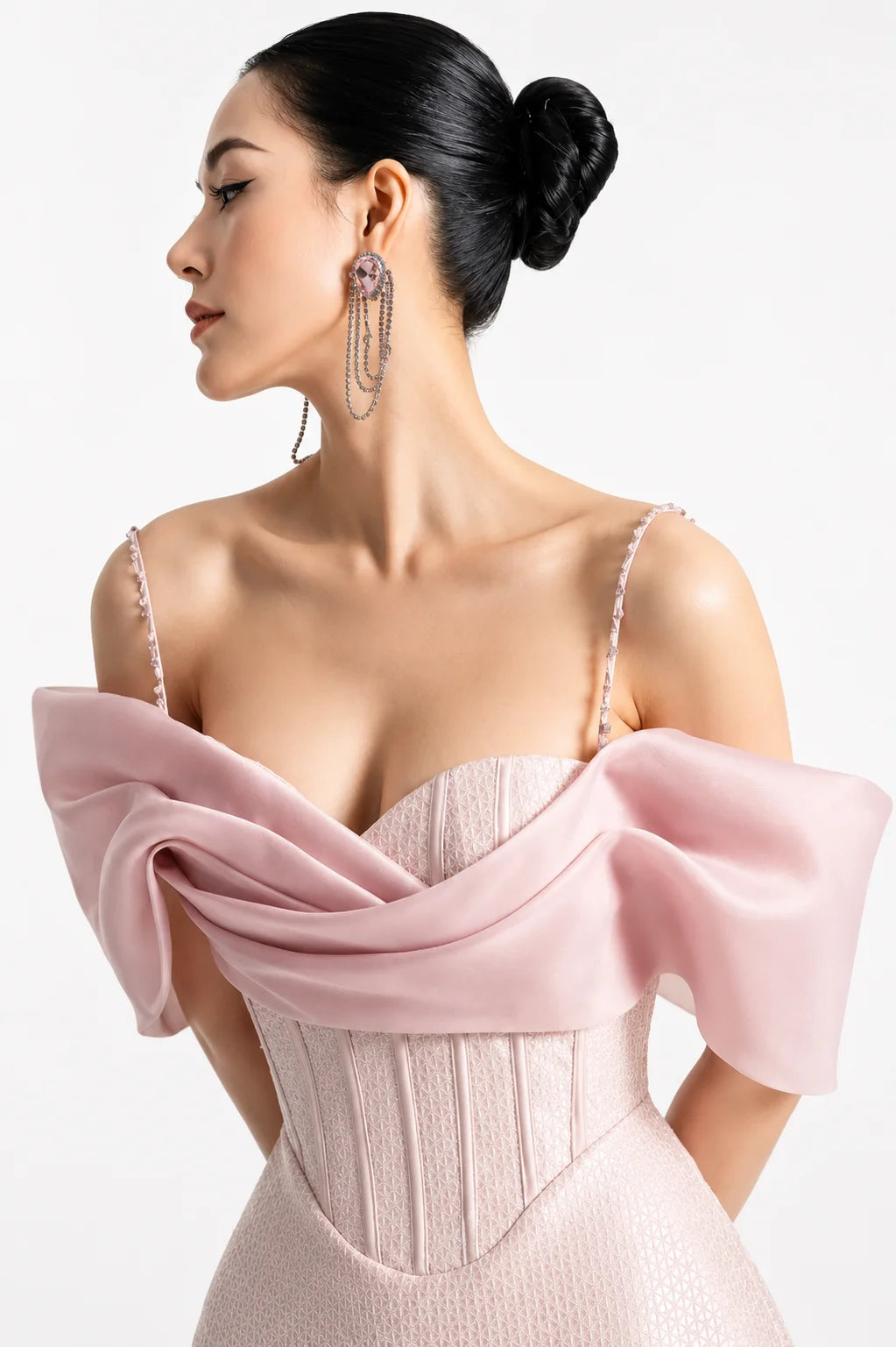 Blush Pink Off Shoulder Bow Beaded Strap Mini Cocktail Dress
