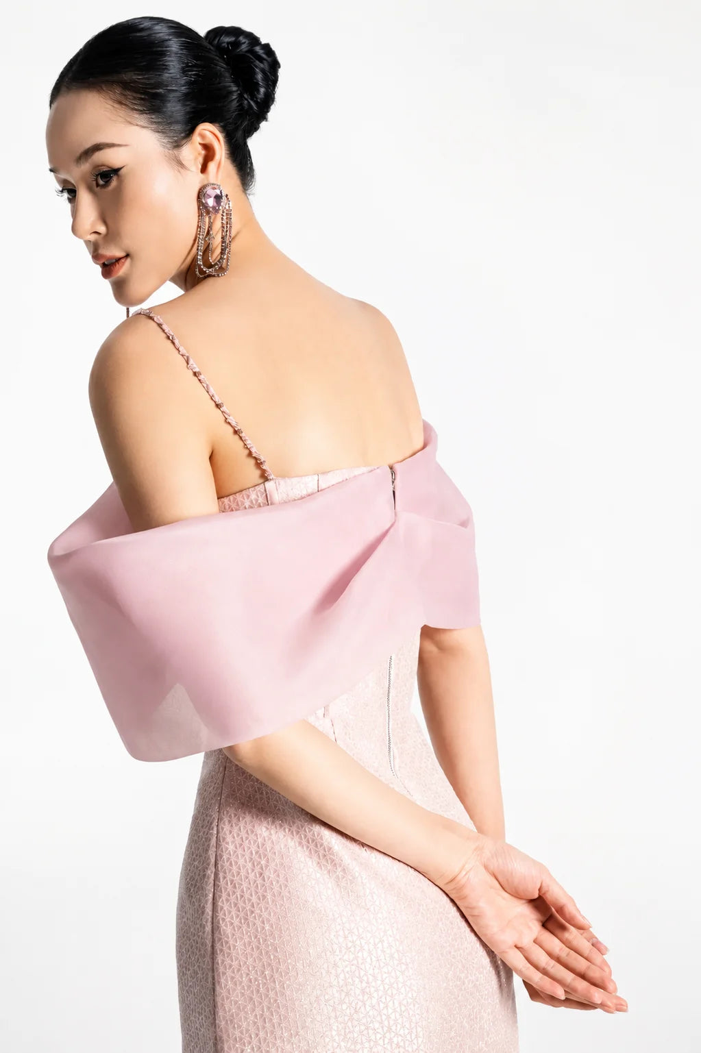 Blush Pink Off Shoulder Bow Beaded Strap Mini Cocktail Dress