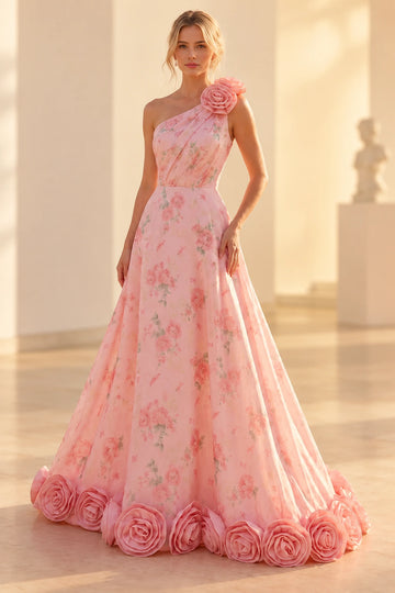 Vedress pink floral A-line prom dress with a pleated one-shoulder bodice, 3D shoulder roses and oversized rose-trimmed hem.
