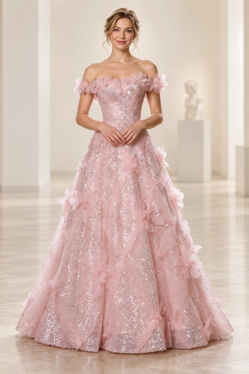 Front view of a Vedress pink sequin tulle prom dress with 3D flowers, an off-the-shoulder sweetheart bodice and a full floor-length skirt.