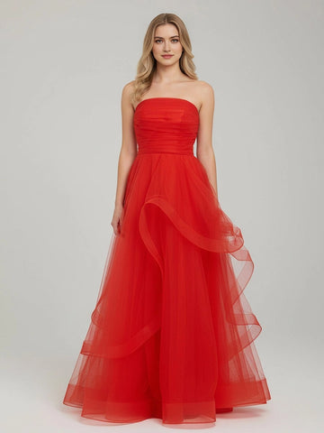 Dreamy Ball Gown Straight Neck Strapless Lace-Up Floor Length Prom Dress