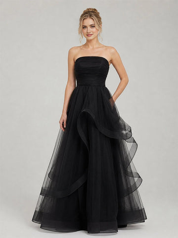 Dreamy Ball Gown Straight Neck Strapless Lace-Up Floor Length Prom Dress