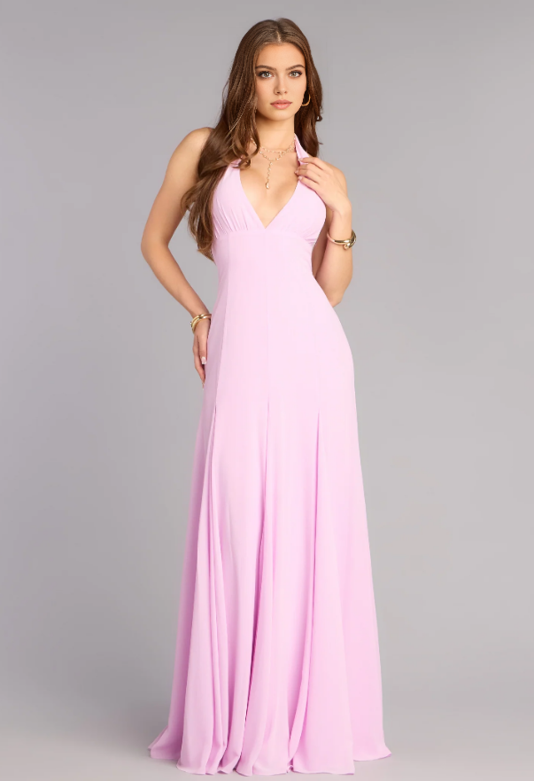 Vestido de fiesta formal largo hasta el suelo con cuello halter, sin mangas, espalda abierta, corte en A, romántico