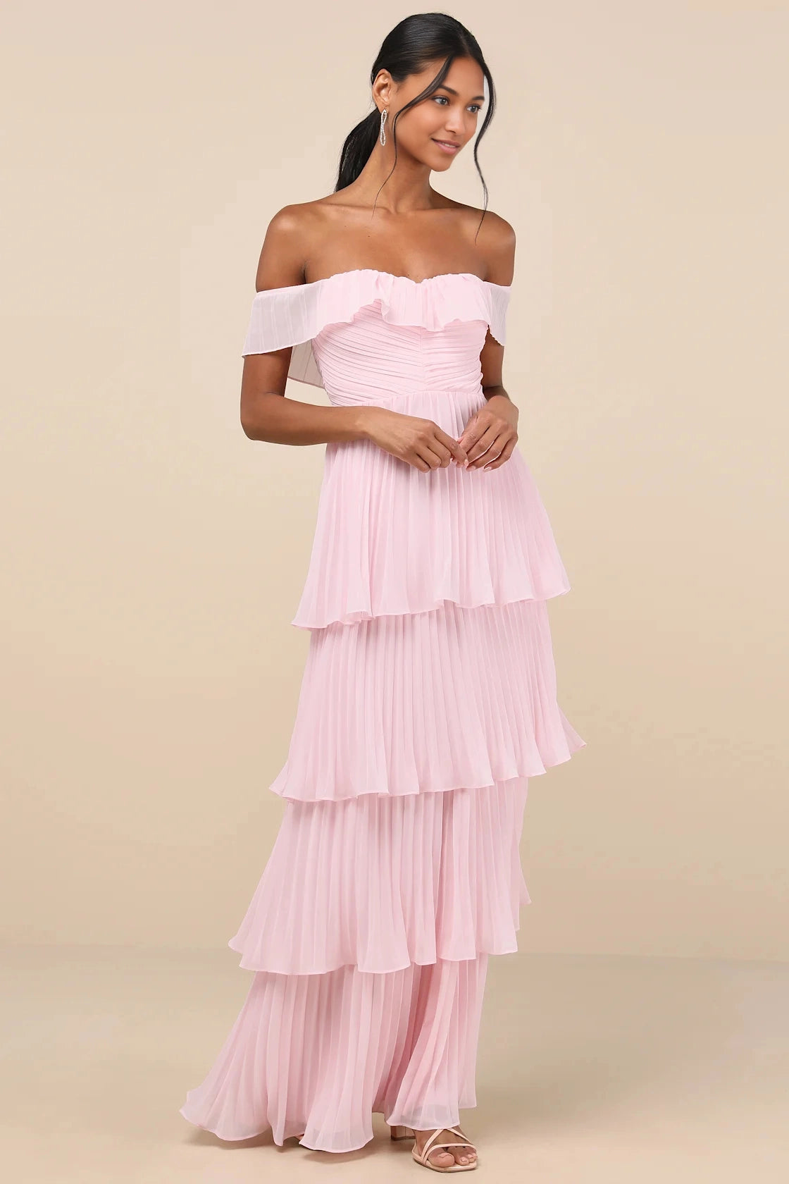 Vedress Chiffon Tiered Off Shoulder Open Back Maxi Bridesmaid Gown