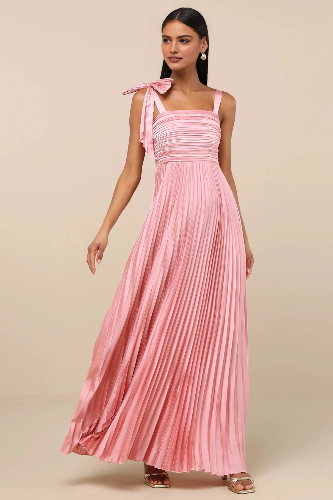 Vedress blush pink satin pleated square neck bow strap a line maxi bridesmaid gown front view