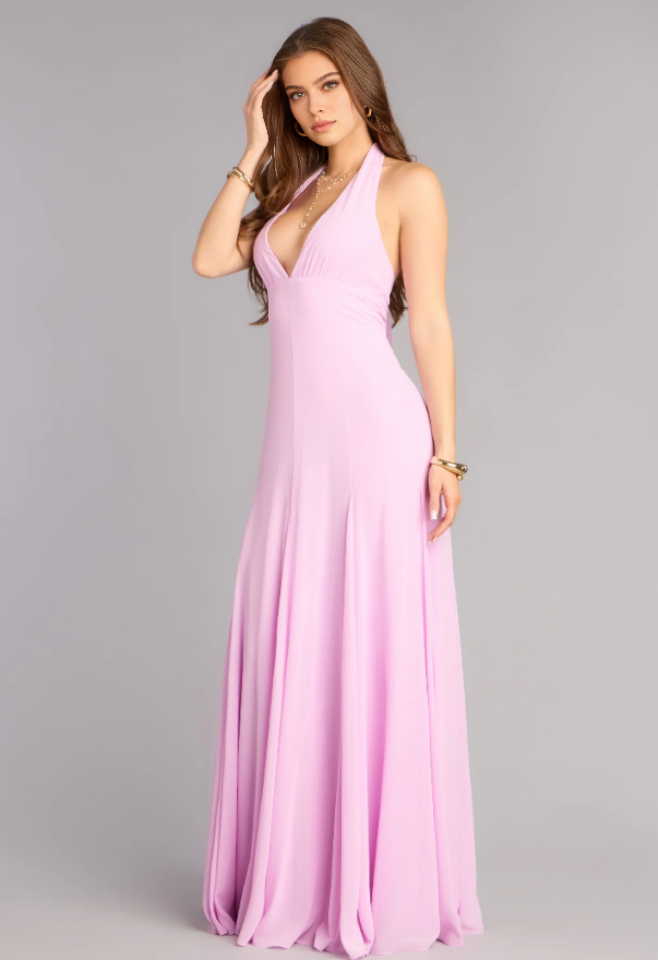 Vestido de fiesta formal largo hasta el suelo con cuello halter, sin mangas, espalda abierta, corte en A, romántico