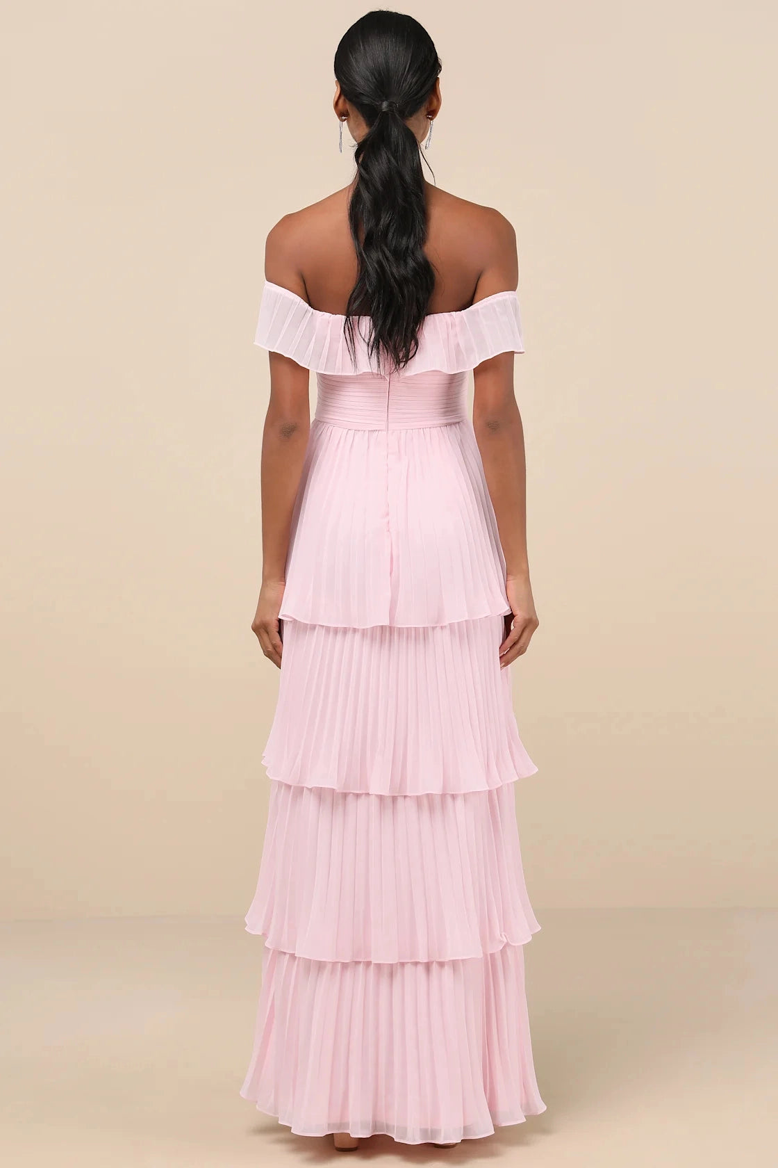 Vedress Chiffon Tiered Off Shoulder Open Back Maxi Bridesmaid Gown