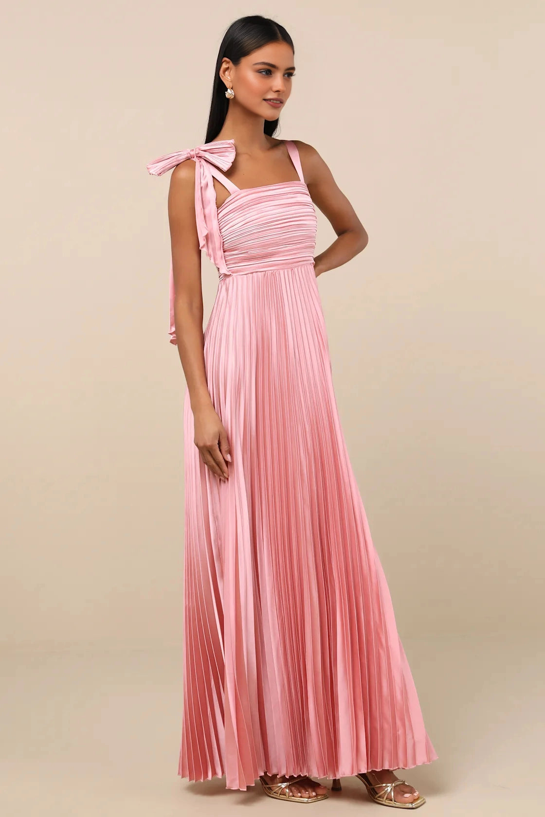 Blush Pink A Line Square Sleeveless Low Back Maxi Bridesmaid Gown Vedress