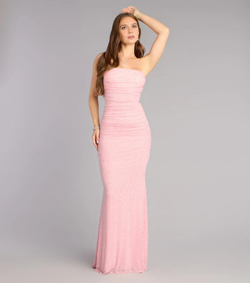 Mermaid Strapless Sleeveless Open Back Floor Length Prom Dress Rhinestone Glitter Formal Gown
