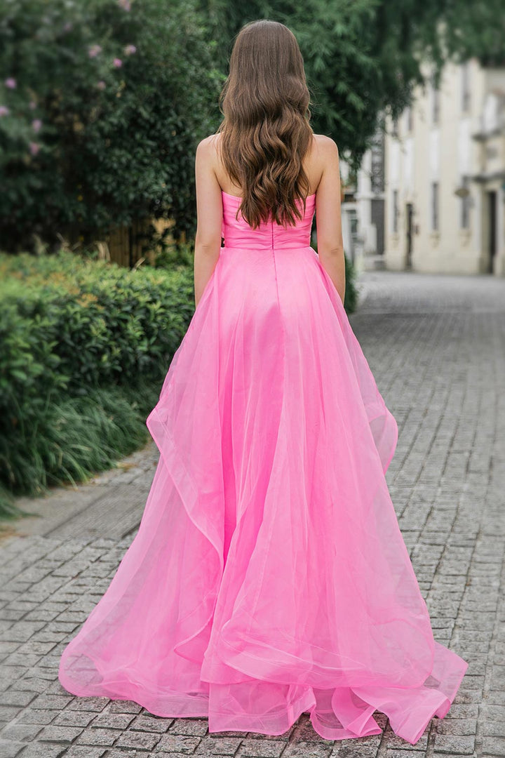 Vestido de noche formal de organza y tul con escote corazón, cuerpo fruncido y falda de volantes asimétricos