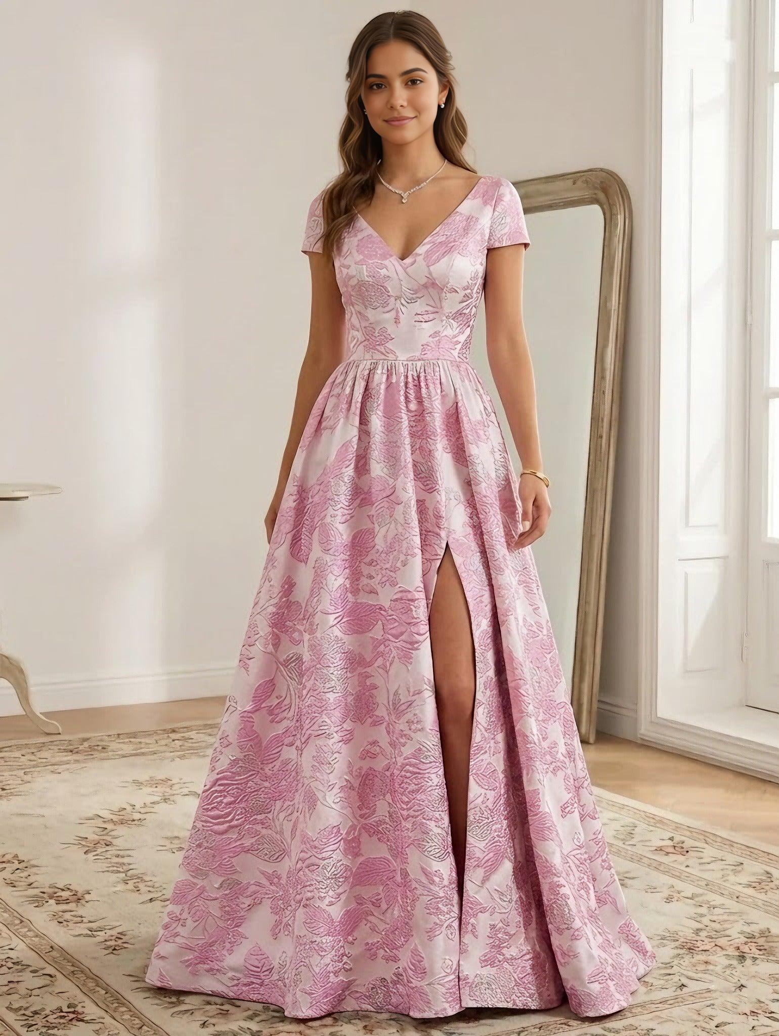 Elegantes vestidos de fiesta largos con abertura lateral, escote en V, manga corta y espalda abierta, de jacquard floral y corte en A