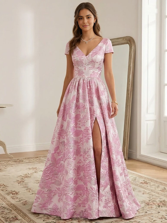 Elegant A-Line Floral Jacquard Prom Dresses with Split Side V Neck Short Sleeve Open Back Maxi Formal Dress