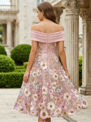 Elegant Floral A-line Off Shoulder Short Sleeve Tea Length Party Dress  Floral Lace Embroidery Satin Formal Gown