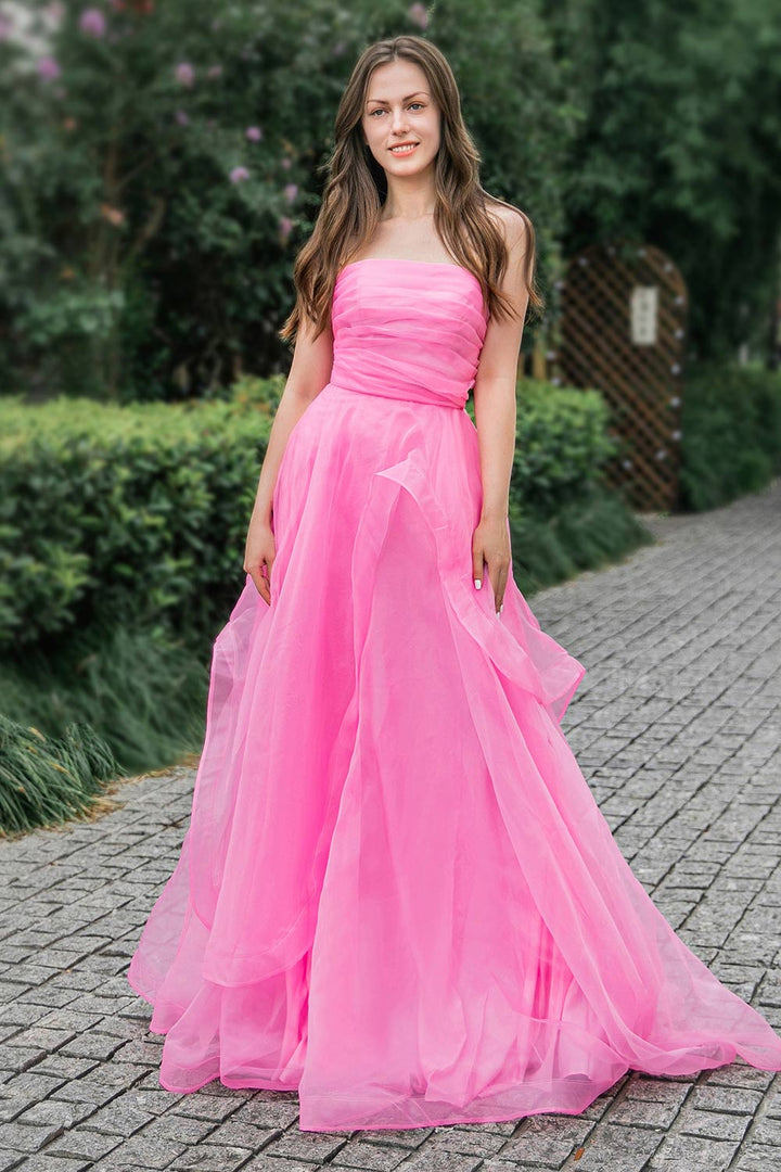 Vestido de noche formal de organza y tul con escote corazón, cuerpo fruncido y falda de volantes asimétricos