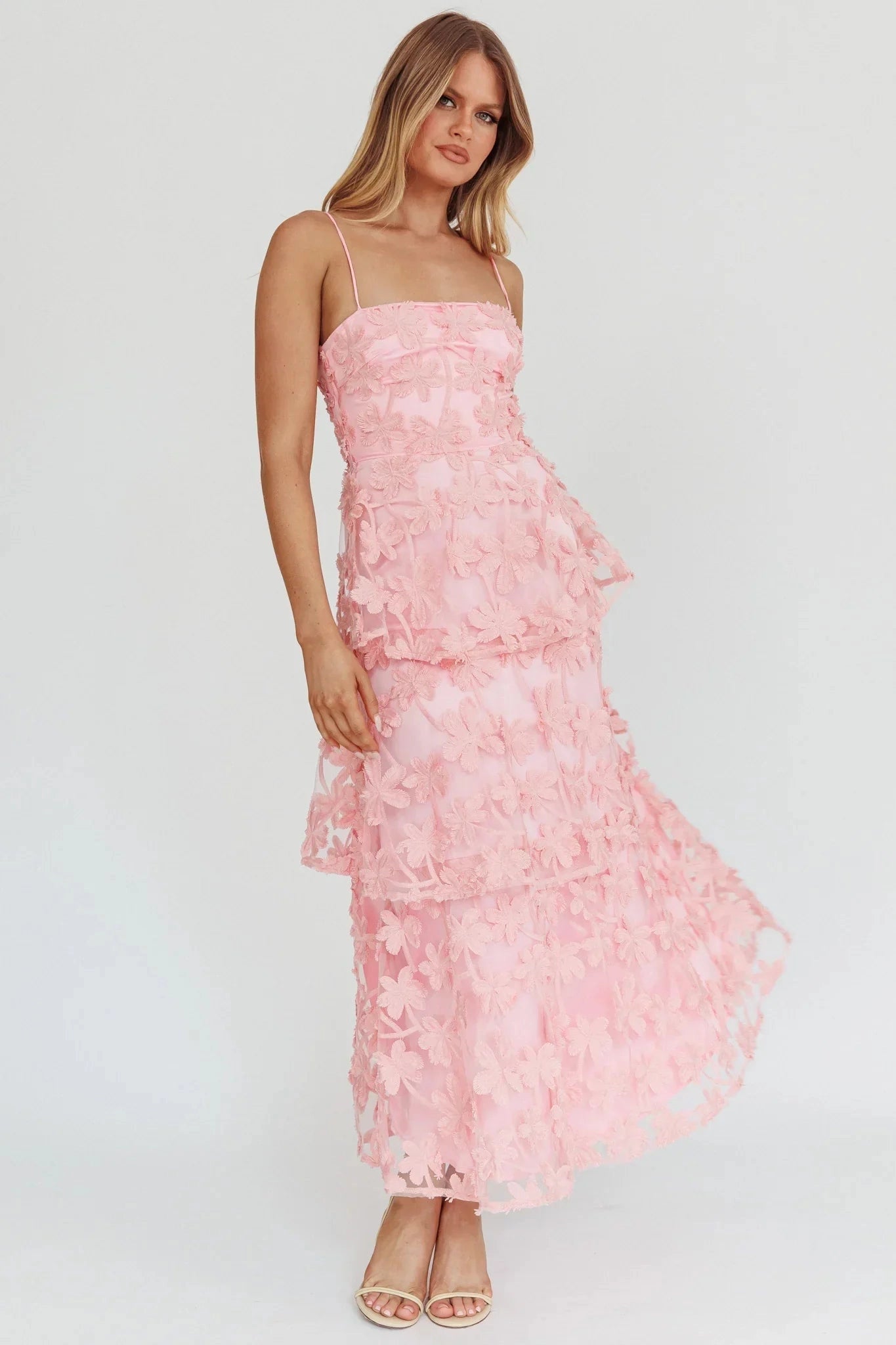 Vedress pink floral maxi wedding guest dress with spaghetti straps tiered skirt and 3D flower appliques front view