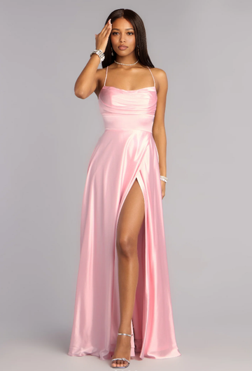 Romantic A-Line Satin Cowl Neck Spaghetti Strap Lace Up Back Slit Floor Length Prom Dress