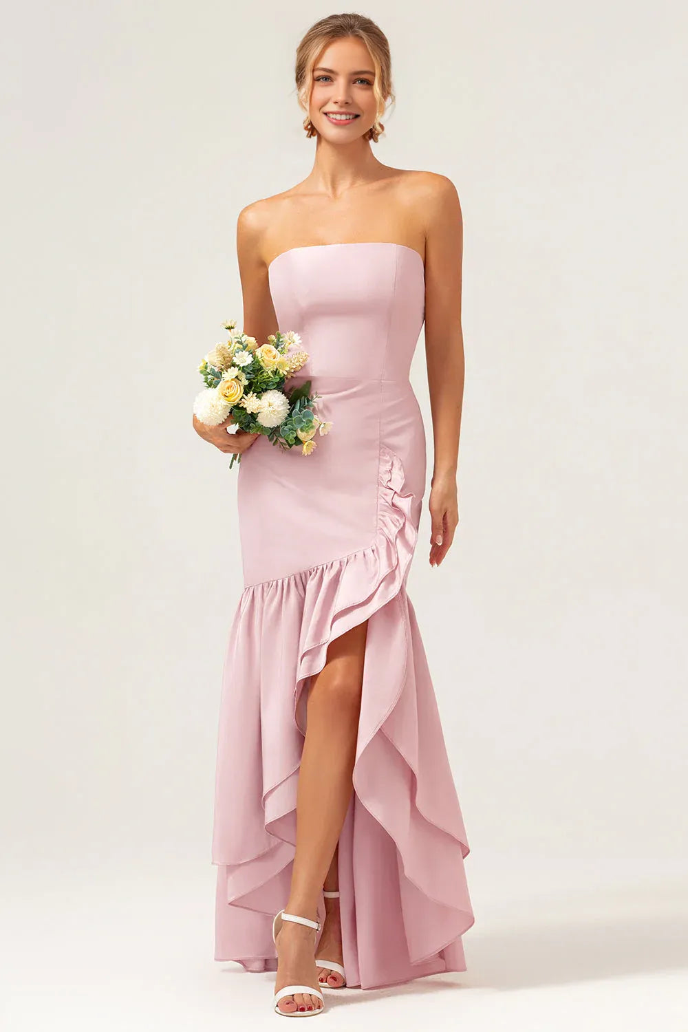 Romantic Trumpet Straight Neck Sleeveless Satin Ruffle High-Slit Wedding Guest Dress