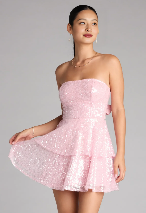 A-Line Sequin Strapless Sleeveless Bow Back Mini Party Dress