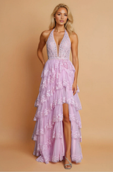 Elegant Tiered Tulle Sleeveless Open Back Maxi Formal Halter Neck Beaded Corset Prom Dress