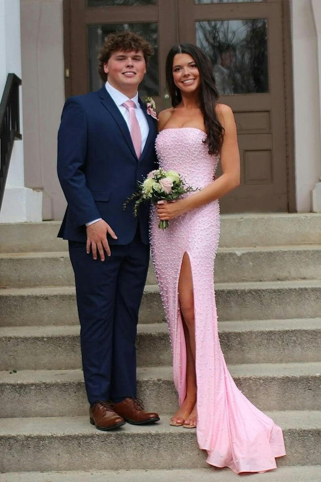 Vestido de Fiesta de Sirena sin Tirantes con Cuentas, Abertura Alta, Elegante, de Noche, con Perlas