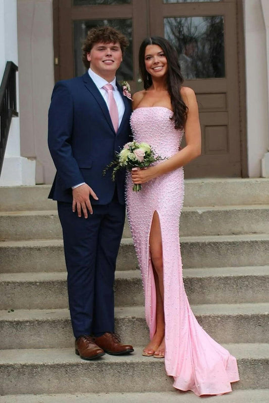 Mermaid Strapless Beaded Prom Dress with High Slit Elegant Formal Evening Gown with Pearls