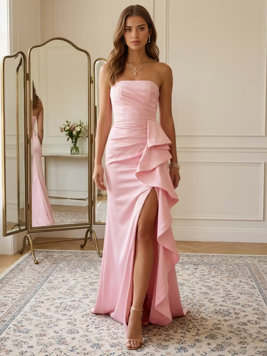 Elegant Satin Mermaid Prom Dresses with Split Side Strapless Sleeveless Open Back Maxi Evening Dress