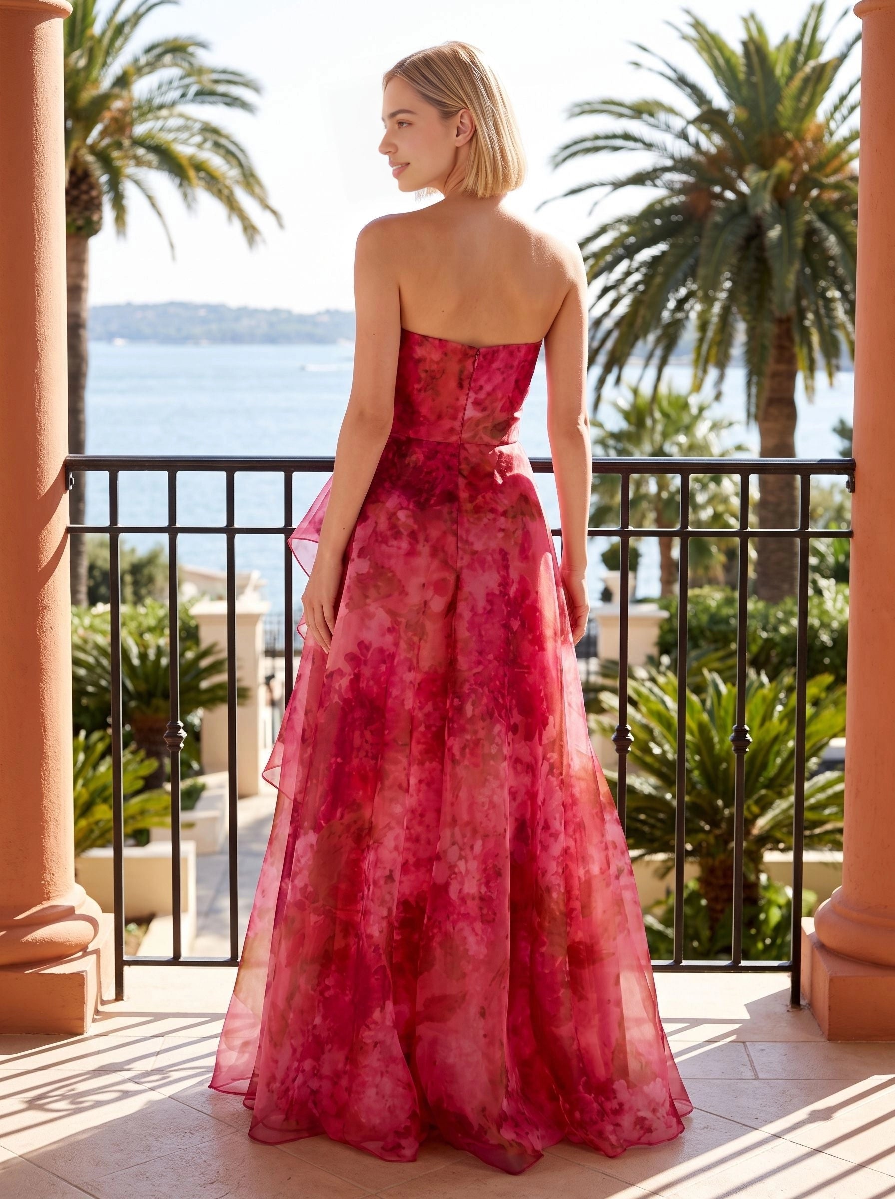 Pink floral print a‑line wedding guest dress strapless ruched bodice sleeveless hidden zip‑back flowy organza floor‑length formal gown by Vedress