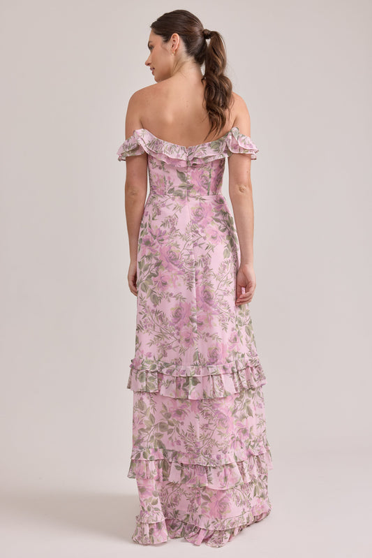 Women's Off-The-Shoulder Maxi Dress Floral Print Chiffon Ruffled Sleeves Formal Prom Bridesmaid Dresses With High Slit