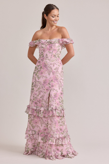 Vestido maxi de chifón con estampado floral, hombros descubiertos, mangas con volantes, formal para fiesta de graduación o dama de honor con abertura alta para mujer