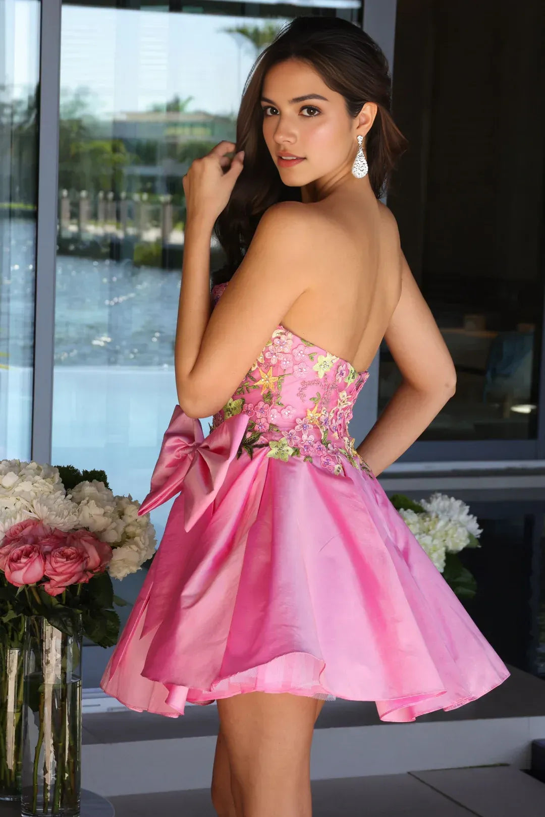 Playful A-Line Strapless Sleeveless Satin Mini Floral Bow Homecoming Dress