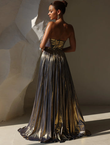 A-Line Metallic Evening Dress Strapless Formal Long Pleated Dresses With Split Side
