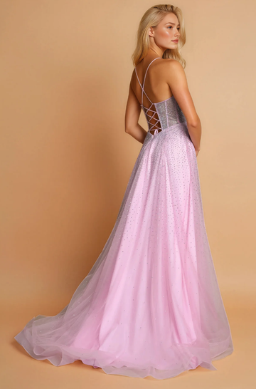 Vestido de fiesta largo formal elegante de tul brillante con escote corazón, tirantes finos y espalda con cordones