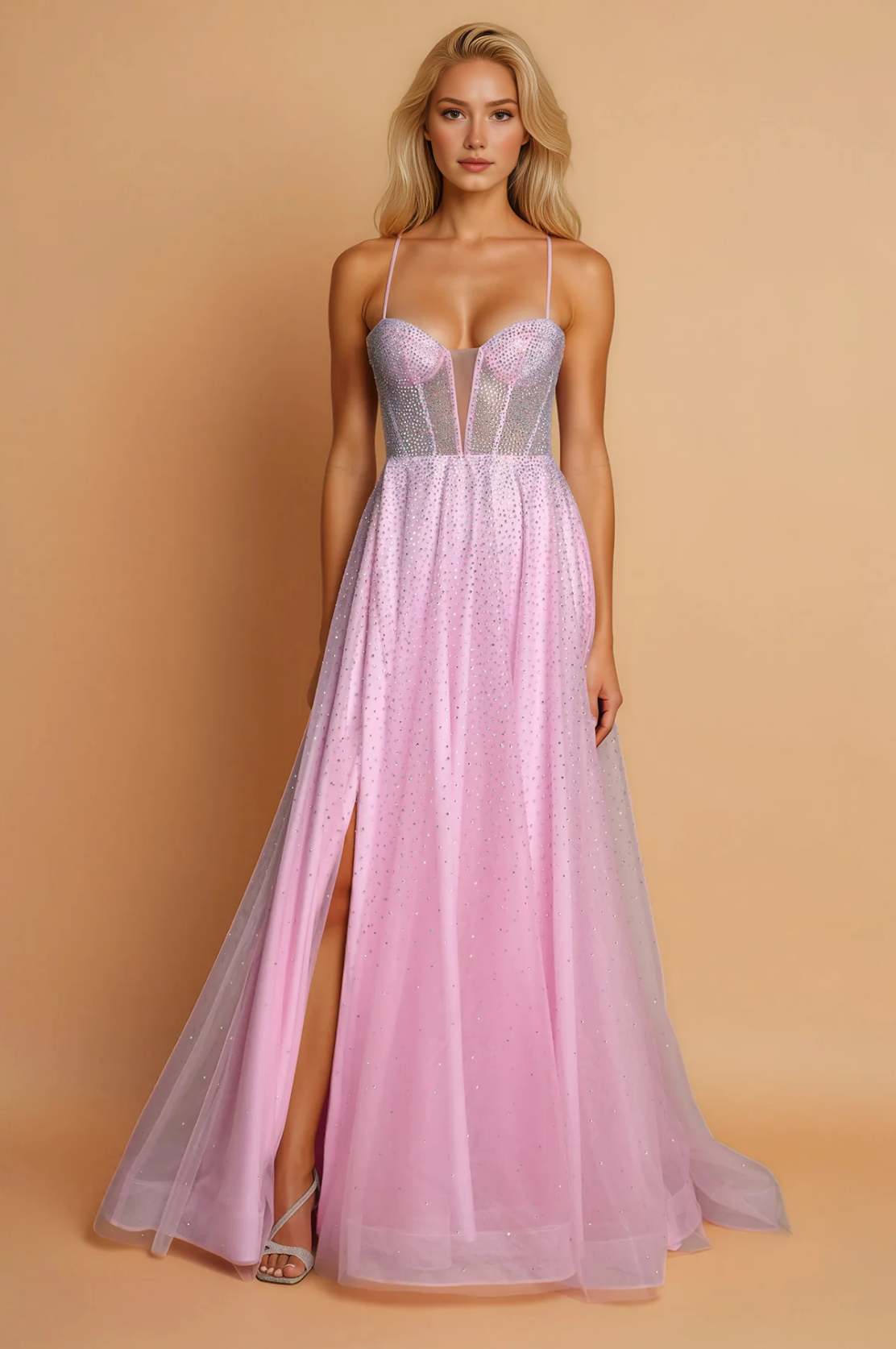 Vestido de fiesta largo formal elegante de tul brillante con escote corazón, tirantes finos y espalda con cordones