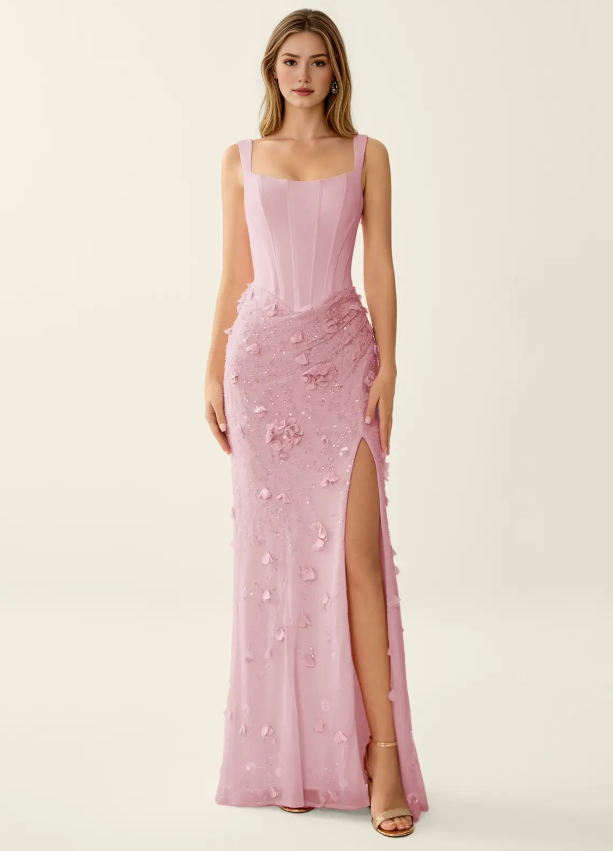 Vestido de noche de sirena con flores 3D, corsé con espalda con cordones, corte entallado, cuello cuadrado, sin mangas, con cordones, vestido de fiesta maxi formal