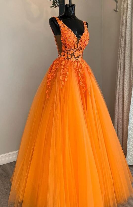 Women's Elegant V-Neck Tulle A-Line Princess Prom Dress with Lace Floral Deep V Neck Prom Long Tulle Ball Gown