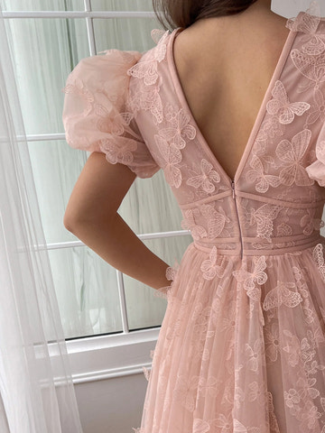 A-Line/Princess V-neck Prom Dresses Puff Sleeve With 3D Butterfly Tulle Gown