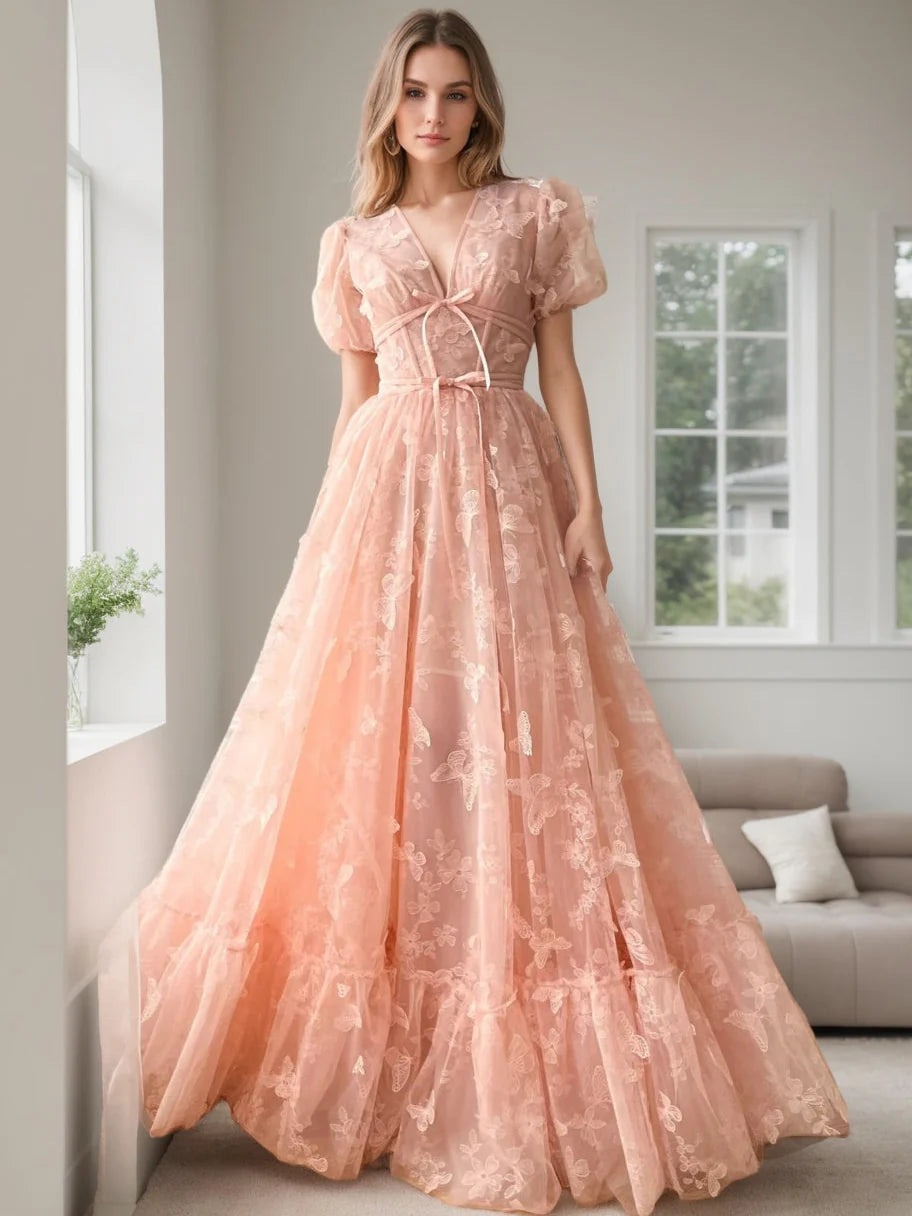 A-Line/Princess V-neck Prom Dresses Puff Sleeve With 3D Butterfly Tulle Gown