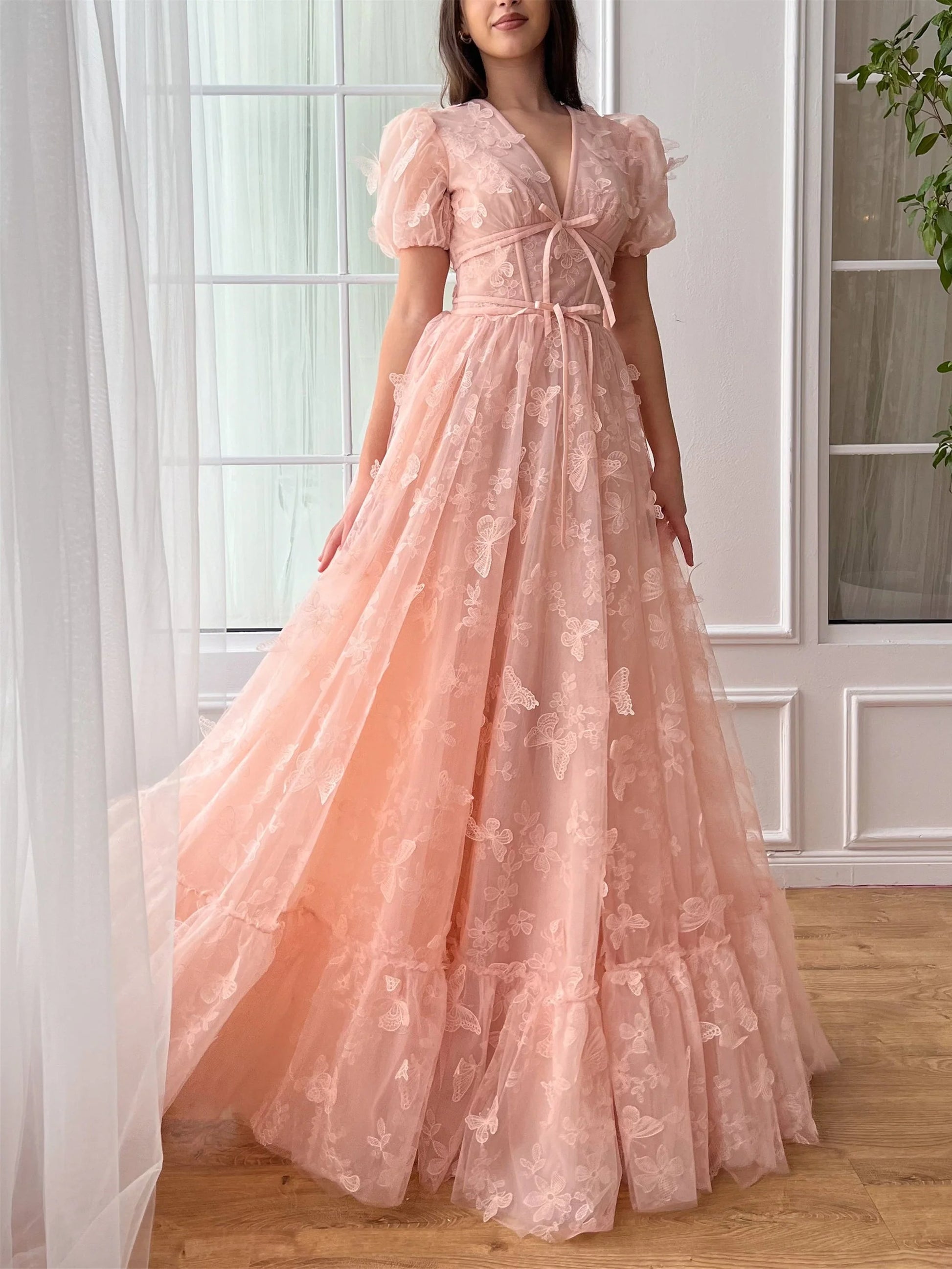 A-Line/Princess V-neck Prom Dresses Puff Sleeve With 3D Butterfly Tulle Gown