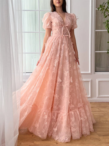 A-Line/Princess V-neck Prom Dresses Puff Sleeve With 3D Butterfly Tulle Gown