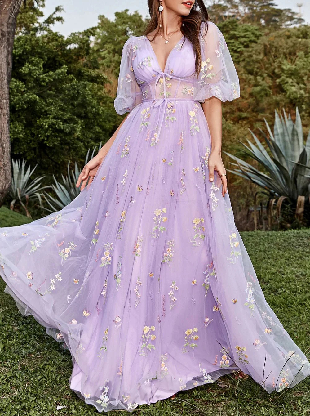 A-Line V-Neck Puff Sleeve Floral Embroidered Tulle Gown  Corset Formal Dresses