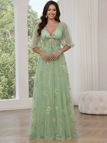A-Line V-Neck Puff Sleeve Floral Embroidered Tulle Gown  Corset Formal Dresses