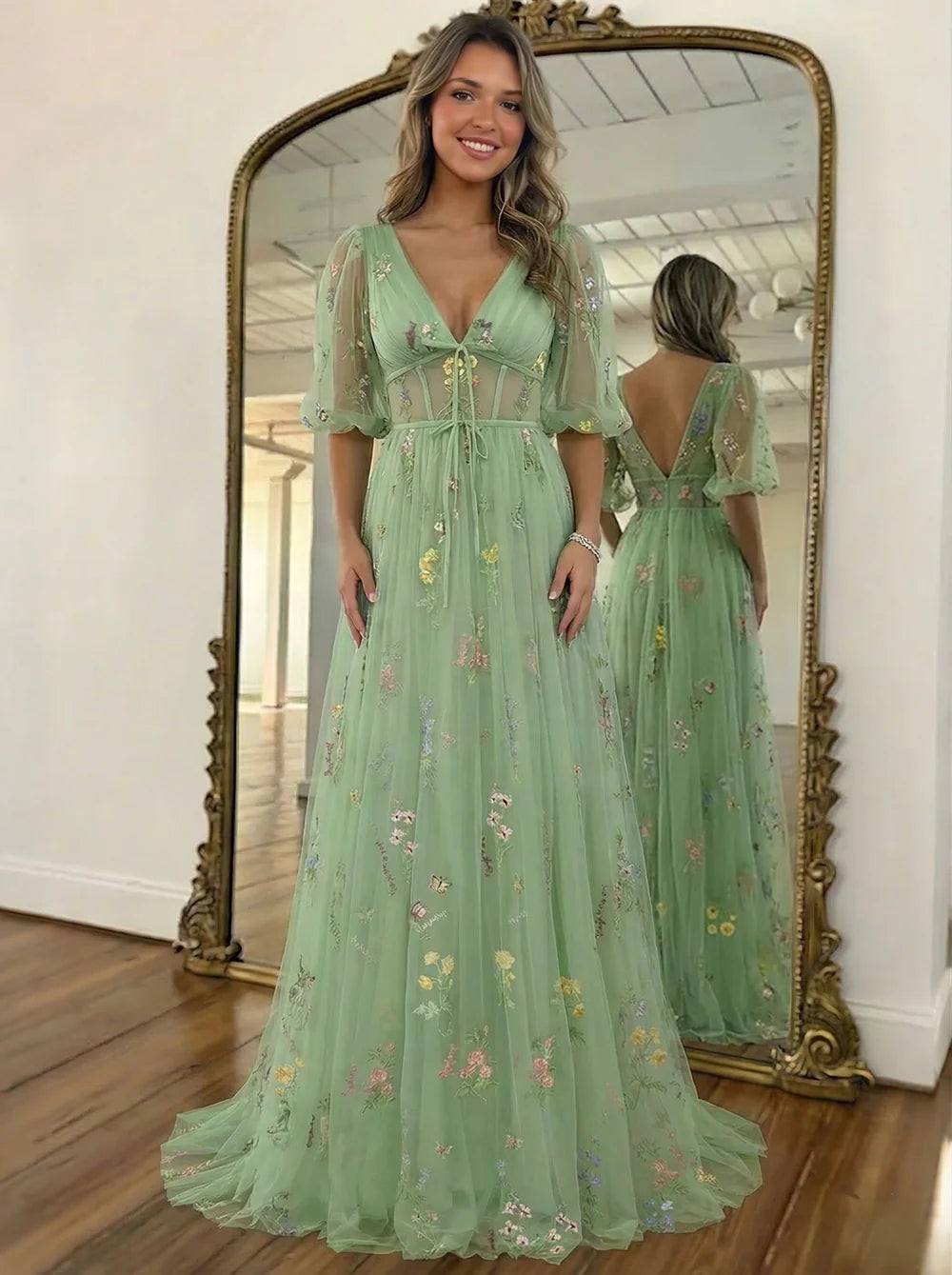 A-Line V-Neck Puff Sleeve Floral Embroidered Tulle Gown  Corset Formal Dresses