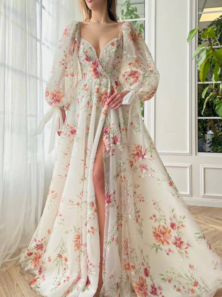 Vestidos largos de fiesta con bordados florales, corte A/Princesa, escote corazón y mangas abullonadas