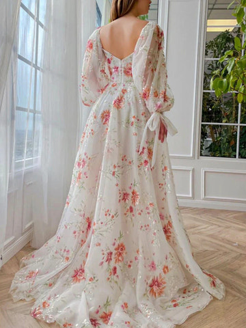 Vestidos largos de fiesta con bordados florales, corte A/Princesa, escote corazón y mangas abullonadas