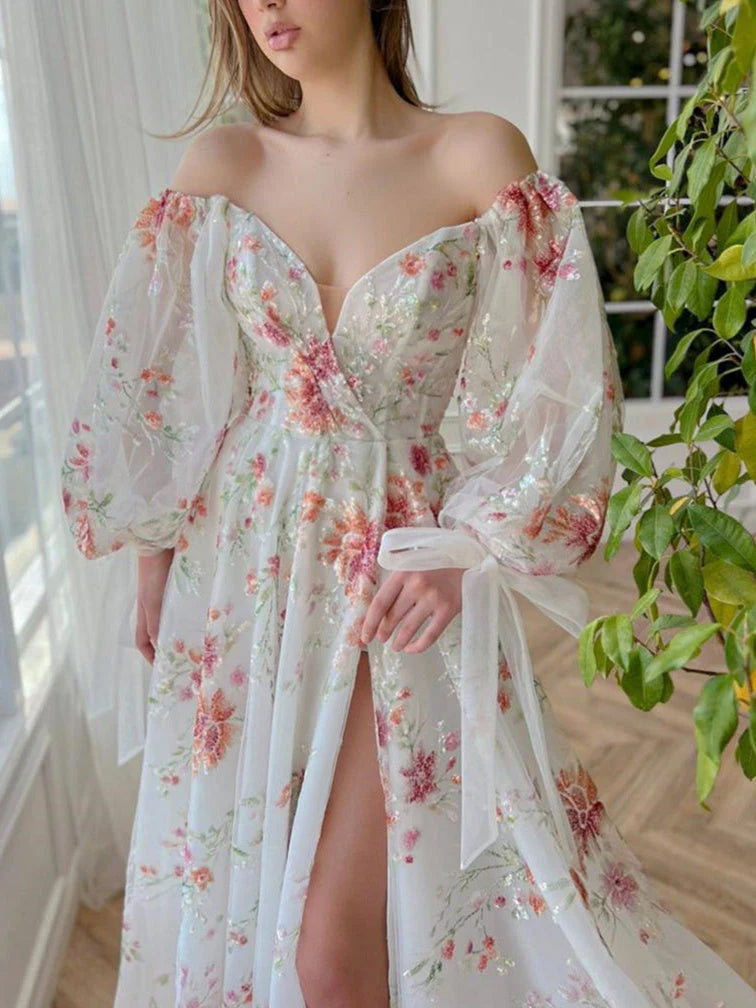 Vestidos largos de fiesta con bordados florales, corte A/Princesa, escote corazón y mangas abullonadas