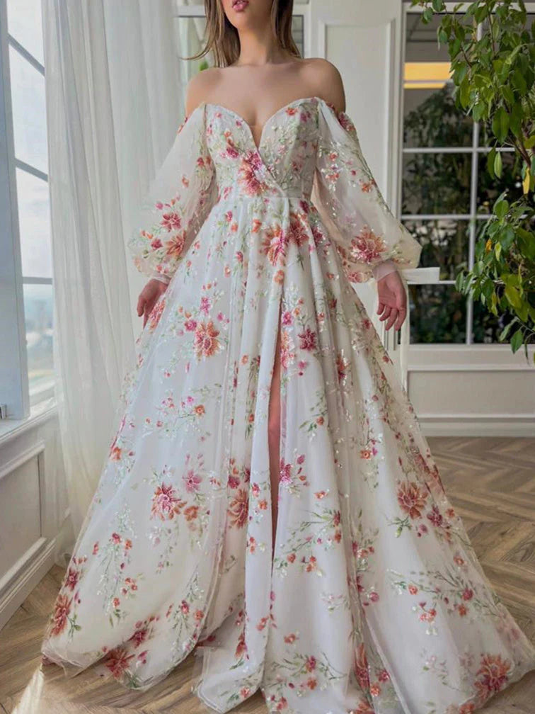 Vestidos largos de fiesta con bordados florales, corte A/Princesa, escote corazón y mangas abullonadas