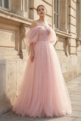 A-line Princess Glitter Ball Gown Off-the-Shoulder Puff Sleeve Tulle Prom Dress