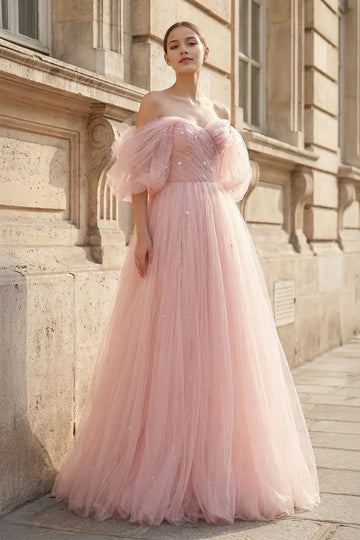 A-line Princess Glitter Ball Gown Off-the-Shoulder Puff Sleeve Tulle Prom Dress